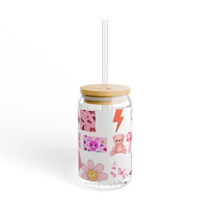 Floral Sipper Glass: 16oz Tempered Glass Cup with Optional Bamboo Lid