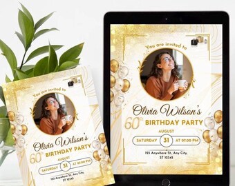 May include: A gold and white 60th birthday party invitation with a photo of a woman holding a mug. The invitation includes the text "Olivia Wilson's 60th Birthday Party" and event details. The invitation is displayed on a tablet and a printed card.