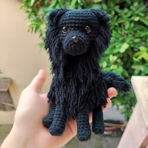 Könnte beinhalten: Ein handgefertigter schwarzer Häkelhund mit flauschigem, strukturiertem Fell. Der Hund hat kleine, runde Augen und eine detaillierte Schnauze. Der gehäkelte Hund ist ein einzigartiger, handgefertigter Artikel, ideal als Geschenk oder Dekoration.
