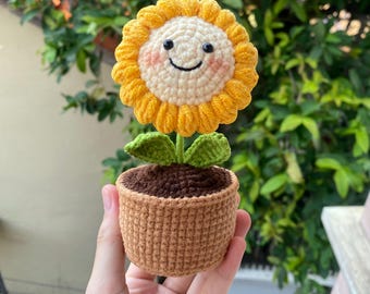 Crochet Sunflower Pot, Smiling Stuffed Flower, Handmade Cotton Decor