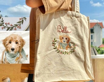 Custom Embroidered Pet Portrait Tote Bag, Personalized Dog Memorial Gift