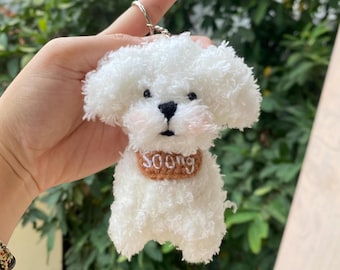 Llavero de perro de ganchillo hecho a mano personalizado, retrato de mascota amigurumi, recuerdo de animal