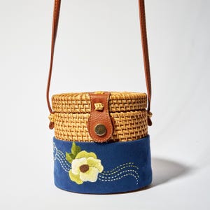 Embroidered Rattan Basket Bag, Floral Blue Faux Suede Crossbody, Summer Purse, Unique Gift for Her