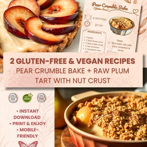 2 Vegan Desserts Recipe Cards | Gluten Free Pear Crumble & Raw Plum Tart | Food Plant Based Meal Idea Digital Download | A5 4x6 Phone Format