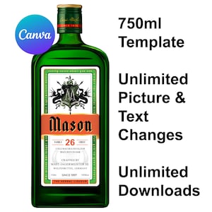 May include: A green glass bottle with a custom label featuring a crest, the text Mason, Family 26 Crest, Cold Macerated Elixir Matured in Oak, and Crafted by Mast-Jägermeister SE, Wolfenbüttel, Germany, 750ml, Since 1997, 100% fun, and Canva logo.