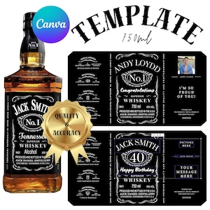 Puede incluir: Una botella de Jack Smith Tennessee Whiskey con una plantilla de etiqueta personalizada. La etiqueta incluye texto como "No. 1", "Whiskey Superior" y "43% Alcohol". Se incluyen etiquetas adicionales con el texto "Andy Loydd" y "Feliz Cumpleaños".
