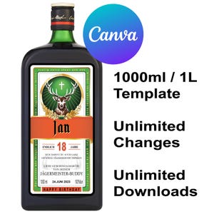 May include: A 1000ml bottle template featuring a custom label with a stag emblem, the name Jan, and the text 18 JAHRE, 24.JUNI 2023, and HAPPY BIRTHDAY. The design includes the text 1000ml / 1L Template, Unlimited Changes, and Unlimited Downloads.