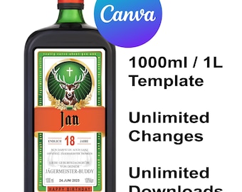 Jagermeister Customize Download 1000ml, Printable Flask Jager Label Editable Canva Template, Personalize Front & Back, Birthday Wedding Gift
