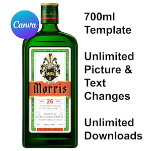 Peut inclure: Une bouteille en verre vert de liqueur aux herbes avec une étiquette arborant un blason noir et or, le texte Morris, Family 26 Crest, Cold Macerated Elixir et Mast-Jägermeister SE. L'image contient le texte 700ml Template, Unlimited Picture & Text Changes, et Unlimited Downloads.