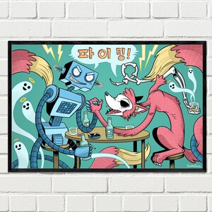 May include: A blue robot with a red eye and a pink fox with a skull face are arm wrestling at a table with two glasses of alcohol. The robot has a tail that looks like a lightning bolt and the fox has a tail that looks like a bone. There are three ghosts in the background.