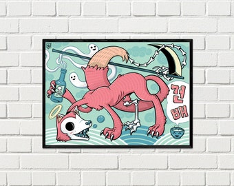 May include: A pink cartoon fox with a halo and a skull and crossbones bottle in its hand. The fox is surrounded by ghosts and a scythe. The text "겁나" is in a speech bubble.