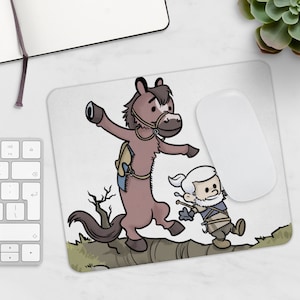 May include: A brown horse with a saddle and a white-haired man with a beard and a sword are walking on a path in a cartoon style. The horse is wearing a bridle and the man is wearing a brown leather jacket and pants.