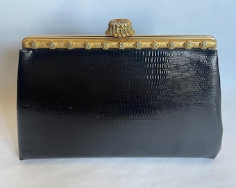 Vintage 1950s After Five Clutch Handbag in Black Faux Reptile Leather, Turquoise Jeweled Frame Top Handle and Gold Snake Chain