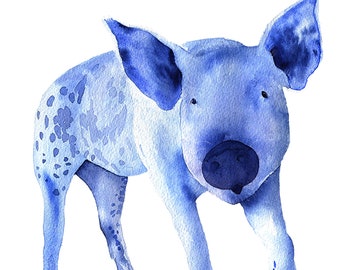 May include: A watercolor painting of a blue pig with white spots. The pig is standing on all four legs and looking directly at the viewer.