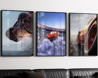 Póster de la película Cars de Rayo McQueen, arte mural de coches de carreras retro, descarga digital
