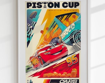Póster de la película Cars de Rayo McQueen, arte mural de coches de carreras retro, descarga digital