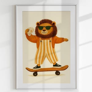 Lion Skateboard Poste, Retro Lion Nursery Wall Art, Cute Nursery Wall Art, Animal Print for Kids Room, Jungle Illustration, Digital Download