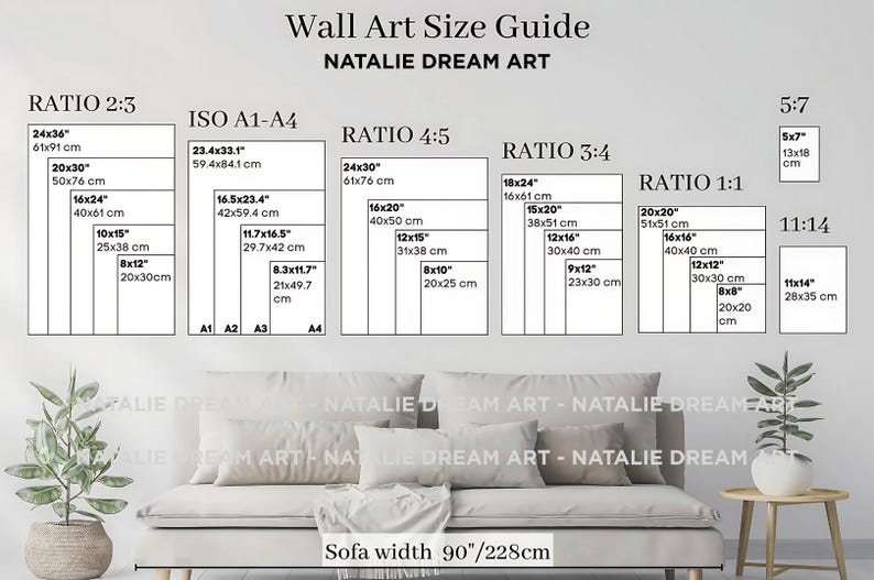 Op de afbeelding: Wandkunst maatgids met afmetingen in centimeters. Bevat verhoudingen 2:3, 4:5, 3:4, 1:1, 5:7 en 11:14, plus ISO A1-A4 formaten. De tekst "NATALIE DREAM ART" wordt weergegeven. Een bank met een breedte van 228cm is te zien.
