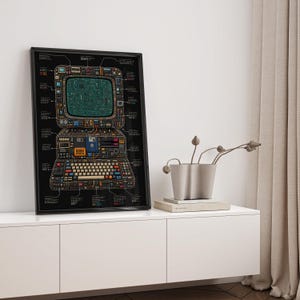 May include: A framed black poster featuring a detailed technical illustration of a vintage computer terminal. The artwork displays a green circuit board screen, a keyboard, and various electronic components with lines pointing to descriptive text labels.