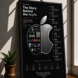 Pode incluir: Um pôster preto emoldurado intitulado "The Story Behind the Apple" com uma linha do tempo da história da Apple. O pôster apresenta o logotipo da Apple e vários produtos da Apple. O texto inclui citações de Steve Jobs e a frase "Innovation is in our DNA."