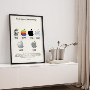 Könnte beinhalten: Ein gerahmtes Poster mit dem Titel The Evolution of the Apple Logo, das sechs historische Logo-Iterationen von 1976 bis 2017 mit den entsprechenden Jahreszahlen zeigt. Unter den Symbolen steht ein Zitat von Steve Jobs in schwarzem Text.