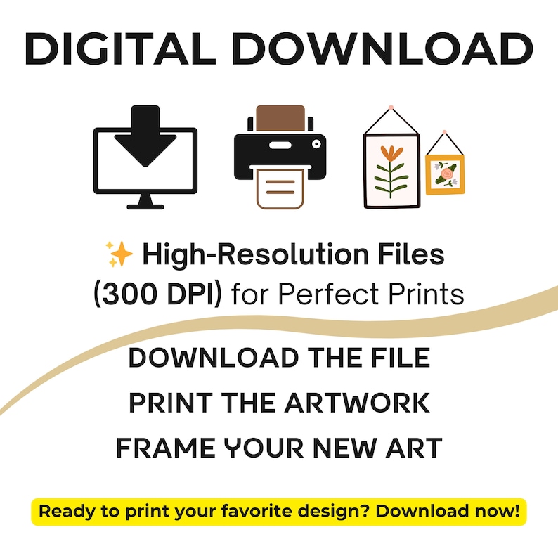 Op de afbeelding: Digitale downloadafbeelding met pictogrammen van een computermonitor, printer en ingelijste kunst. Tekst bevat "High-Resolution Files (300 DPI) for Perfect Prints" en instructies om het kunstwerk te downloaden, af te drukken en in te lijsten.