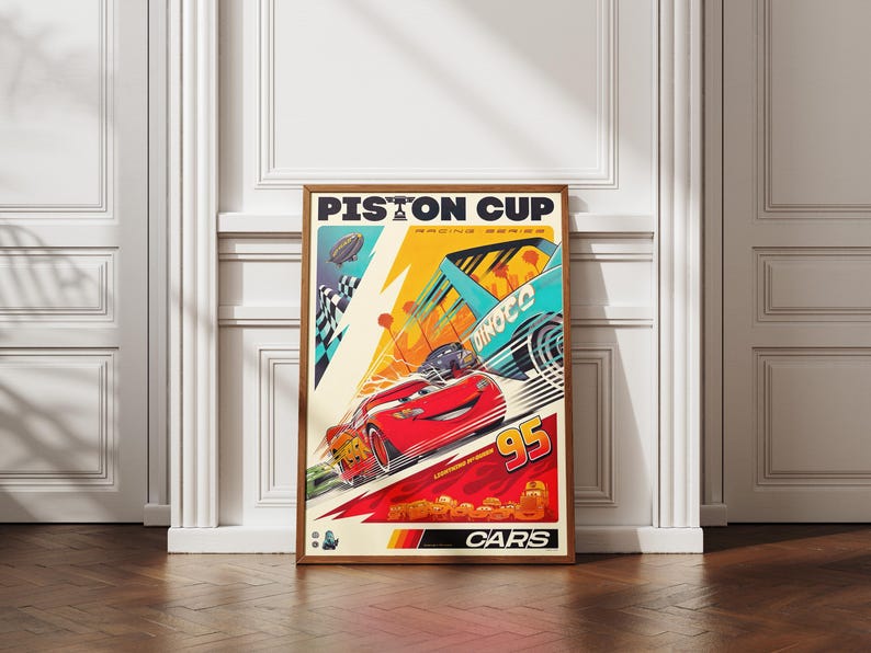 Lightning Mcqueen Poster, Retro Cartoon Wall Print, Pixar Car Decor ...