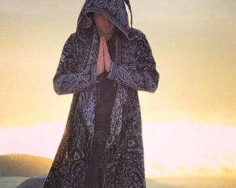 Hooded Fringe Festival Cloak - Black & White Unisex Wizard Coat