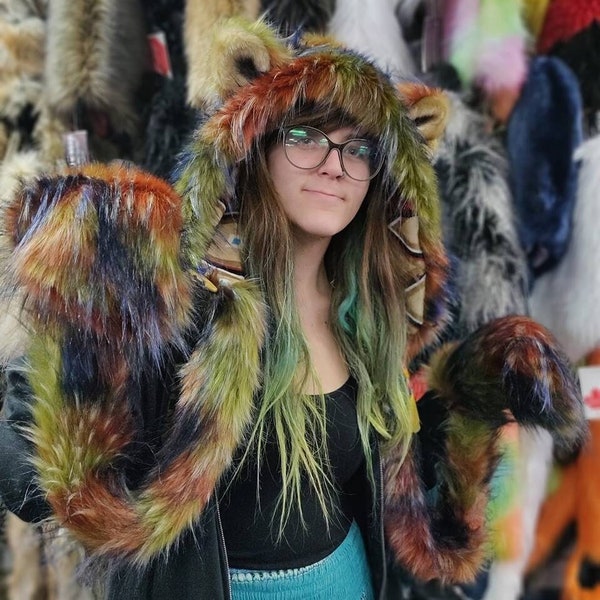 Earth Tye Dye Bolli Bear Hood  - festival hood/ rave wear / rave/ fantasy / colourful hood/ hood/ faux fur/ furry/ festival