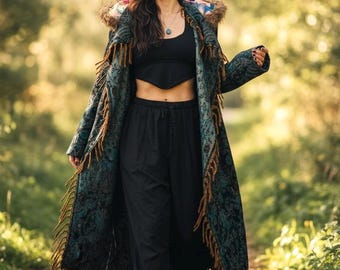 Blue Paisley Hooded Festival Coat – Acrylic Wool Wizard Cloak, Boho Fringe Jacket
