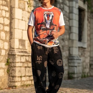 Black Patchwork Yin Yang Pants, Spiritual Festival Trousers, Boho Hippie Yoga Pants, Unisex Lounge Wear