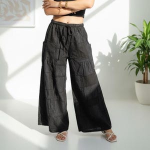 Cotton Patchwork Wide Leg Palazzo Pants - Mineral Wash Festival Trousers, Unisex Elastic Waist Drawstring Trousers Boho Utility