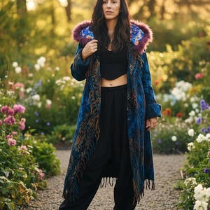 Op de afbeelding: Een lange, blauwe jas met een kleurrijk bloemen- en paisleypatroon, een kraag van imitatiebont en franjes. De jas wordt gedragen met een zwarte broek en laarzen. De achtergrond is een tuin met bloemen en bomen.