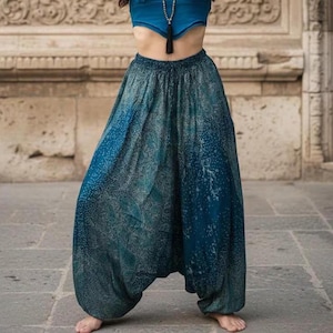 Deep Crotch Harem Pants – Thai Rayon Boho Genie Trousers, Unisex Yoga Lounge Wear, Starry Nights