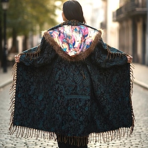 May include: A dark teal coat with a paisley pattern and brown fringe. The hood features a colorful abstract design and faux fur trim. The coat is open, revealing the back of a person walking on a cobblestone street.