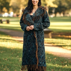 Blue Paisley Hooded Festival Coat – Acrylic Wool Wizard Cloak, Boho Fringe Jacket image 9