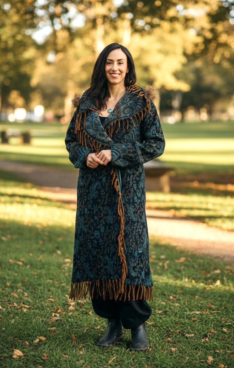 Blue Paisley Hooded Festival Coat – Acrylic Wool Wizard Cloak, Boho Fringe Jacket image 9