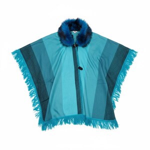 Festival Fringe Poncho Wrap with Fur Hood – Boho Rave Hooded Shawl, Burning Man Coat, Teal Wool Poncho image 8
