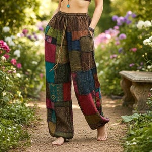 May include: Patchwork trousers in shades of brown, red, teal, and green. The loose-fitting trousers have a drawstring waist and a patchwork design. The trousers are made of a soft, flowing fabric, perfect for a bohemian or casual style.