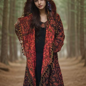 Hooded Fringe Coat - Orange Paisley | Wizard Cloak | Blanket Coat | Hippie | Boho | Shambhala | Unisex | Wizard | Festival Coat