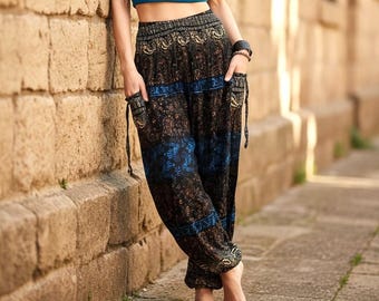 Thai Rayon Harem Pants Boho Festival Trousers Colorful Paisley Loose Fit With Pockets