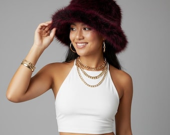 Black Burgundy Faux Fur Festival Hat – Fluffy Rave Bucket Hat, Dark Winter Statement Headwear
