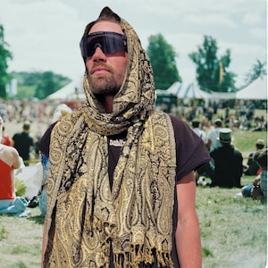 Black & Gold Paisley Pashmina Scarf - Bohemian Festival Wrap