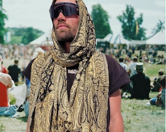 Black & Gold Paisley Pashmina Scarf - Bohemian Festival Wrap