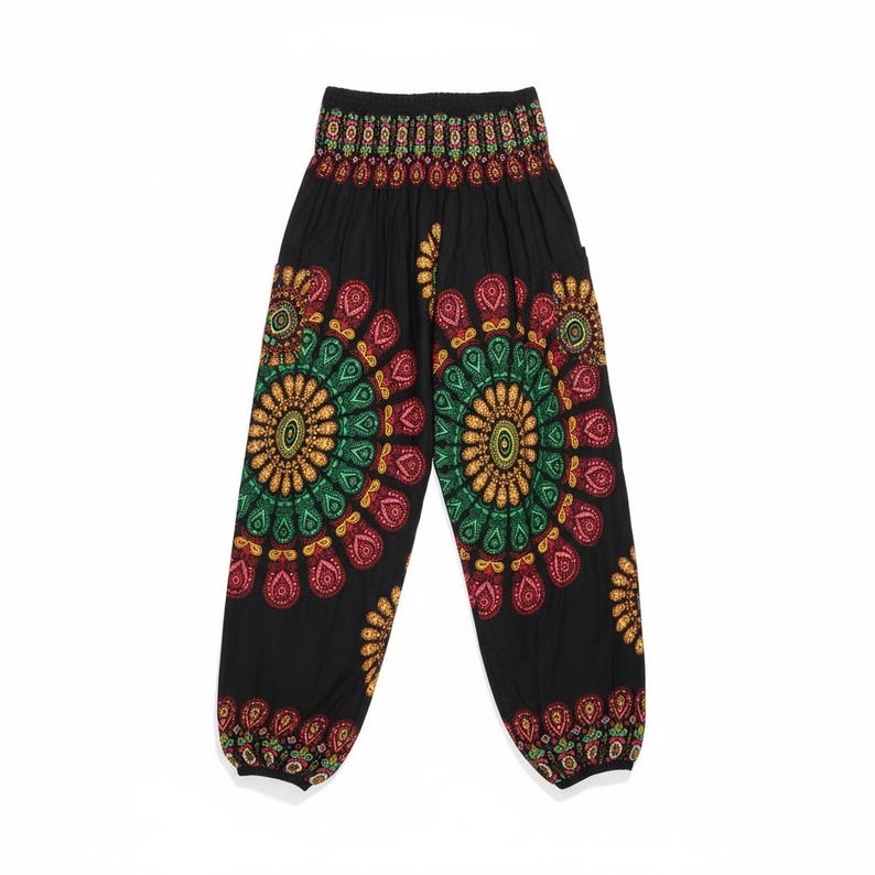 Pantalones harem Mandala con bolsillos, pantalones bohemios para festivales, pantalones unisex de talle alto negros. imagen 13