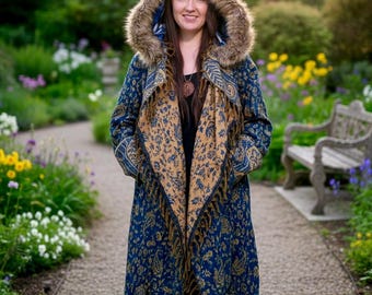 Teal Paisley Hooded Fringe Festival Coat - Boho Wizard Cloak