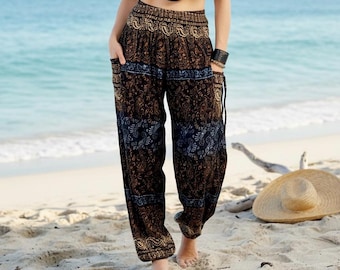 Thai Rayon Harem Pants Boho Festival Trousers Colorful Paisley Loose Fit With Pockets