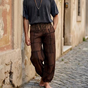 Tonal Cotton Patchwork Festival Pants - Mineral Wash Utility Trousers, Unisex Elastic Waist Drawstring Joggers, Overlock Stitch Boho