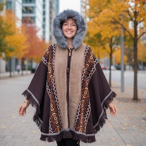 Brown Wool Poncho from Ecuador with Faux Fur Hood – Handwoven Festival & Winter Wear