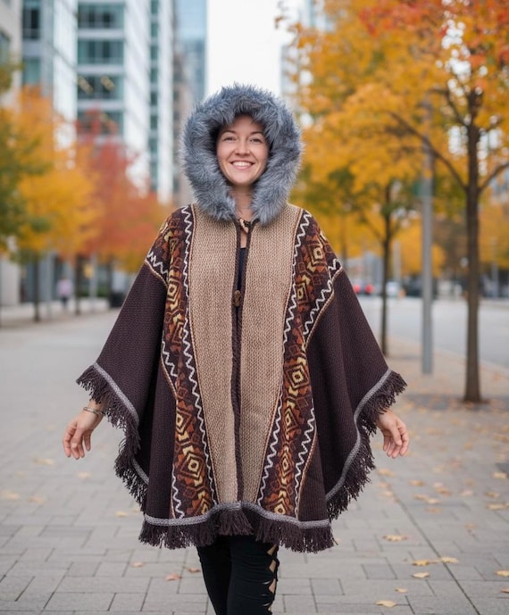Brown Wool Poncho From Ecuador With Faux Fur Hood – Handwoven
